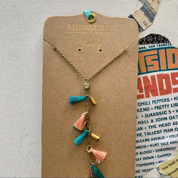 Shiraleah Costanza Gold Necklace Pink and Teal Tassels Drop Chains Boho Style - Picture 2 of 8